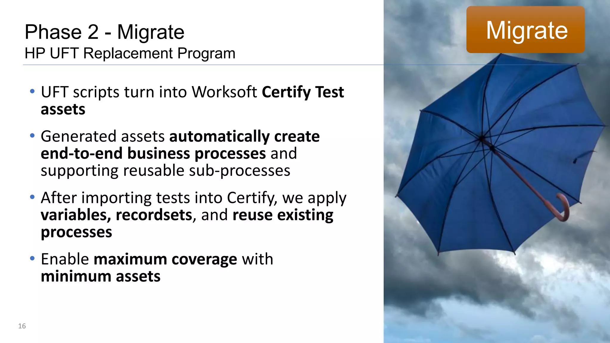 16
• UFT scripts turn into Worksoft Certify Test
assets
• Generated assets automatically create
end-to-end business processes and
supporting reusable sub-processes
• After importing tests into Certify, we apply
variables, recordsets, and reuse existing
processes
• Enable maximum coverage with
minimum assets
Phase 2 - Migrate
HP UFT Replacement Program
Migrate
 
