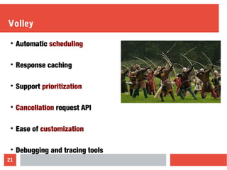 21
Volley

Automatic scheduling

Response caching

Support prioritization

Cancellation request API

Ease of customization

Debugging and tracing tools
 