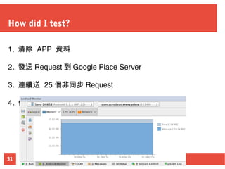 31
How did I test?
1. 清除 APP 資料
2. 發送 Request 到 Google Place Server
3. 連續送 25 個非同步 Request
4. 使用 Android Studio Monitor 記錄結果
 