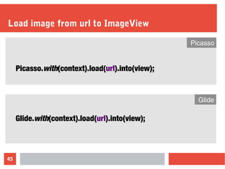 45
Load image from url to ImageView
Picasso.with(context).load(url).into(view);
Picasso
Glide.with(context).load(url).into(view);
Glide
 