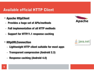 5
Available official HTTP Client

Apache HttpClient
－ Provides a huge set of APIs/methods
－ Full implementation of all HTTP methods
－ Support for HTTP/1.1 response caching

HttpURLConnection
－ Lightweight HTTP client suitable for most apps
－ Transparent compression (Android 2.3)
－ Response caching (Android 4.0)
 