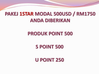 PAKEJ 1STAR MODAL 500USD / RM1750
ANDA DIBERIKAN
PRODUK POINT 500
S POINT 500

U POINT 250

 