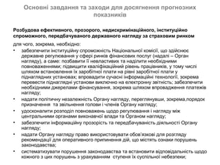 Основні завдання та заходи для досягнення прогнозних
                          показників

Розбудова ефективного, прозорого, недискримінаційного, інституційно
спроможного, передбачуваного державного нагляду за страховим ринком
для чого, зокрема, необхідно:
• забезпечити інституційну спроможність Національної комісії, що здійснює
   державне регулювання у сфері ринків фінансових послуг (надалі – Орган
   нагляду), а саме: позбавити її невластивих та наділити необхідними
   повноваженнями; підвищити кваліфікаційний рівень працівників, у тому числі
   шляхом встановлення їх заробітної плати на рівні заробітної плати у
   піднаглядних установах; впровадити сучасні інформаційні технології, зокрема
   перевести піднаглядні установи виключно на електронну звітність; забезпечити
   необхідними джерелами фінансування, зокрема шляхом впровадження платежів
   нагляду;
• надати політичну незалежність Органу нагляду, переглянувши, зокрема,порядок
   призначення та звільнення голови і членів Органу нагляду;
• удосконалити розподіл повноважень щодо регулювання і нагляду між
   центральними органами виконавчої влади та Органом нагляду;
• забезпечити інформаційну прозорість та передбачуваність діяльності Органу
   нагляду;
• надати Органу нагляду право використовувати обов’язкові для розгляду
   рекомендації для оперативного припинення дій, що містять ознаки порушень
   законодавства;
• систематизувати порушення законодавства та встановити відповідальність щодо
   кожного з цих порушень з урахуванням ступеня їх суспільної небезпеки;
 