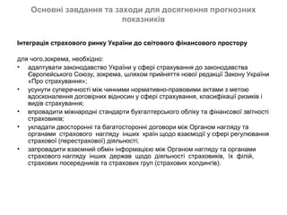 Основні завдання та заходи для досягнення прогнозних
                          показників

Інтеграція страхового ринку України до світового фінансового простору

для чого,зокрема, необхідно:
• адаптувати законодавство України у сфері страхування до законодавства
   Європейського Союзу, зокрема, шляхом прийняття нової редакції Закону України
   «Про страхування»;
• усунути суперечності між чинними нормативно-правовими актами з метою
   вдосконалення договірних відносин у сфері страхування, класифікації ризиків і
   видів страхування;
• впровадити міжнародні стандарти бухгалтерського обліку та фінансової звітності
   страховиків;
• укладати двосторонні та багатосторонні договори між Органом нагляду та
   органами страхового нагляду інших країн щодо взаємодії у сфері регулювання
   страхової (перестрахової) діяльності;
• запровадити взаємний обмін інформацією між Органом нагляду та органами
   страхового нагляду інших держав щодо діяльності страховиків, їх філій,
   страхових посередників та страхових груп (страхових холдингів).
 