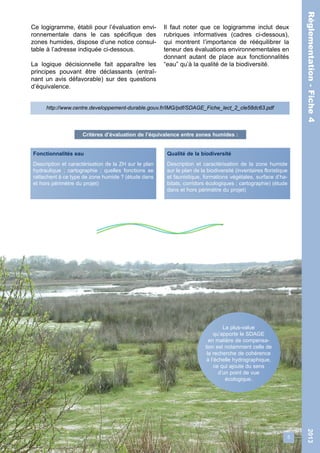 5 
Réglementation - Fiche 4 2013 
Réglementation - Fiche 4 
Ce logigramme, établi pour l’évaluation envi-ronnementale 
dans le cas spécifique des 
zones humides, dispose d’une notice consul-table 
à l’adresse indiquée ci-dessous. 
La logique décisionnelle fait apparaître les 
principes pouvant être déclassants (entraî-nant 
un avis défavorable) sur des questions 
d’équivalence. 
Il faut noter que ce logigramme inclut deux 
rubriques informatives (cadres ci-dessous), 
qui montrent l’importance de rééquilibrer la 
teneur des évaluations environnementales en 
donnant autant de place aux fonctionnalités 
“eau” qu’à la qualité de la biodiversité. 
http://www.centre.developpement-durable.gouv.fr/IMG/pdf/SDAGE_Fiche_lect_2_cle58dc63.pdf 
Critères d’évaluation de l’équivalence entre zones humides : 
Fonctionnalités eau 
Description et caractérisation de la ZH sur le plan 
hydraulique ; cartographie ; quelles fonctions se 
rattachent à ce type de zone humide ? (étude dans 
et hors périmètre du projet) 
Qualité de la biodiversité 
Description et caractérisation de la zone humide 
sur le plan de la biodiversité (inventaires floristique 
et faunistique, formations végétales, surface d’ha-bitats, 
corridors écologiques ; cartographie) (étude 
dans et hors périmètre du projet) 
La plus-value 
qu’apporte le SDAGE 
en matière de compensa-tion 
est notamment celle de 
la recherche de cohérence 
à l’échelle hydrographique, 
ce qui ajoute du sens 
d’un point de vue 
écologique. 
 