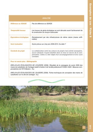 17 
Exemples de cas - Fiche 9 2013 
Exemples de cas - Fiche 9 
ANALYSE 
Référence au SDAGE Pas de référence au SDAGE. 
Temporalité travaux Les travaux de génie écologique se sont déroulés avant l'achèvement de 
la construction du tronçon autoroutier. 
Equivalence écologique Remplacement par des infrastructures de même nature (mares artifi-cielles). 
Suivi évaluation Suivis prévus sur cinq ans 2008-2013. Au-delà ? 
Conduite de projet La collaboration entre les acteurs du projet s'est avérée exemplaire, 
aucun obstacle n'ayant interféré dans la mise en oeuvre de la com-pensation. 
Celle-ci a été l'objet d'un accompagnement et d'un suivi 
constant. 
Pour en savoir plus - Bibliographie 
DRE-LR-LES ÉCOLOGISTES DE L'EUZIERE (2009). Résultats de la campagne de suivis 2009 des 
mares de substitution de Cantagal relatif à l'article 3 de l'arrêté préfectoral N°2008-I 2828 - Mesures com-pensatoires 
de l'A75 Béziers : 8 p. 
DRE-LR-LES ÉCOLOGISTES DE L'EUZIERE (2008). Fiches techniques de conception des mares de 
substitution sur le site de Cantagal : 9 p. 
 