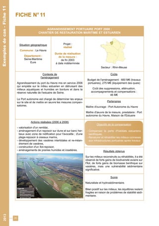 20 
Exemples de cas - Fiche 11 
AGRANDISSEMENT PORTUAIRE PORT 2000 : 
CHANTIER DE RESTAURATION MARITIME ET ESTUARIEN 
Situation géographique 
Commune : Le Havre 
Département : 
Seine-Maritime 
Eure 
Projet : 
réalisé 
Durée de réalisation 
de la mesure : 
de fin 2003 
à date indéterminée 
Secteur : Rhin-Meuse 
Contexte de 
l'aménagement 
Agrandissement du port du Havre mis en service 2006 
qui empiète sur le milieu estuarien en détruisant des 
milieux aquatiques et humides en bordure et dans la 
réserve naturelle de l'estuaire de Seine. 
Le Port autonome est chargé de déterminer les enjeux 
sur le site et de mettre en oeuvre les mesures compen-satoires. 
Coûts 
Budget de l'aménagement : 660 M€ (travaux 
portuaires), 275 M€ (équipement des quais) 
Coût des suppressions, atténuation, 
accompagnements et compensations : 
46 M€ 
Partenaires 
Maître d'ouvrage : Port Autonome du Havre 
Maître d'oeuvre de la mesure, prestataire : Port 
autonome du Havre, Maison de l'Estuaire 
Actions réalisées (2006 à 2008) 
- valorisation d'un remblai, 
- aménagement d'un reposoir sur dune et sur banc her-beux 
avec zone de nidification pour l'avocette ; d'une 
plage-reposoir à oiseaux marins, 
- développement des vasières intertidales et re-méan-drement 
de vasières, 
Objectifs de la compensation 
- Compenser la perte d'habitats estuariens 
benthiques, 
- Renaturer et réhabiliter les milieux connexes 
aux infrastructures portuaires après travaux 
- construction d'un îlot-reposoir, 
- aménagements de prairies humides et roselières. Résultats obtenus 
Sur les milieux reconstruits ou réhabilités, il a été 
observé de forts gains de biodiversité aviaire sur 
l'îlot, de forts gains de biomasse benthique sur 
vasières, mais une vulnérabilité sédimentaire 
significative. 
Suivis 
Naturaliste et hydrosédimentaire. 
Bilan positif sur les milieux, les équilibres restent 
fragiles en raison de problèmes de stabilité sédi-mentaire. 
FICHE N° 11 
2013 Exemples de cas - Fiche 11 
 