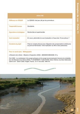 21 
Exemples de cas - Fiche 11 2013 
Exemples de cas - Fiche 11 
ANALYSE 
Référence au SDAGE Le SDAGE n'est pas cité par les promoteurs. 
Temporalité travaux Simultanés. 
Equivalence écologique Recherchée et expérimentée. 
Suivi évaluation En cours, pérennités du suivi évaluation à l'issue des 10 ans prévus ? 
Conduite de projet Prise en compte précoce avec intégration des compensations antérieures 
du pont de Normandie. Forte implication du MO et des partenaires. 
Pour en savoir plus - Bibliographie 
L'Estuaire de la Seine - Missions d'inspection (2004) - MEDDEM MEDADM, 47 p. 
Port 2000 - La combinaison d'un projet portuaire et d'un projet environnemental d'amorce de réhabilita-tion 
de l'Estuaire de la Seine (2002), P. SCHERRER, P. GALICHON. Actes VIIèmes Journées Nationales 
Génie Civil - Génie Côtier, Anglet, France, 15-17 mai 2002. 499-510. 
 