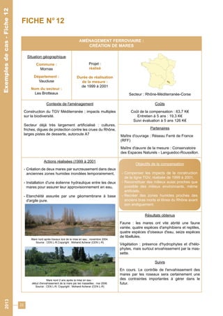 22 
Exemples de cas - Fiche 12 
FICHE N° 12 
AMÉNAGEMENT FERROVIAIRE : 
CRÉATION DE MARES 
Situation géographique 
Commune : 
Mornas 
Département : 
Vaucluse 
Nom du secteur : 
Les Brotteaux 
Projet : 
réalisé 
Durée de réalisation 
de la mesure : 
de 1999 à 2001 
Secteur : Rhône-Méditerranée-Corse 
Contexte de l'aménagement 
Construction du TGV Méditerranée ; impacts multiples 
sur la biodiversité. 
Secteur déjà très largement artificialisé : cultures, 
friches, digues de protection contre les crues du Rhône, 
larges pistes de desserte, autoroute A7 
Coûts 
Coût de la compensation : 63,7 K€ 
Entretien à 5 ans : 19,3 K€ 
Suivi évaluation à 5 ans 126 K€ 
Partenaires 
Maître d'ouvrage : Réseau Ferré de France 
(RFF) 
Maître d'oeuvre de la mesure : Conservatoire 
des Espaces Naturels - Languedoc-Roussillon. 
Actions réalisées (1999 à 2001 
- Création de deux mares par surcreusement dans deux 
anciennes zones humides inondées temporairement, 
- Installation d'une éolienne hydraulique entre les deux 
mares pour assurer leur approvisionnement en eau, 
- Etanchéité assurée par une géomembrane à base 
d'argile pure. 
Mare nord après travaux lors de la mise en eau ; novembre 2004. 
Source : CEN L-R.Copyright : Mohand Acherar (CEN L-R) 
Mare nord 2 ans après la mise en eau. : 
début d'envahissement de la mare par les massettes ; mai 2006. 
Source : CEN L-R, Copyright : Mohand Acherar (CEN L-R) 
Objectifs de la compensation 
- Compenser les impacts de la construction 
de la ligne TGV, réalisée de 1999 à 2001, 
- Reconstituer des milieux aussi proches que 
possible des milieux environnants, même 
artificiels, 
- Recréer des zones humides proches des 
anciens bras morts et lônes du Rhône avant 
son endiguement. 
Résultats obtenus 
Faune : les mares ont vite abrité une faune 
variée, quatre espèces d'amphibiens et reptiles, 
quatre espèces d'oiseaux d'eau, seize espèces 
de libellules. 
Végétation : présence d'hydrophytes et d'hélo-phytes, 
mais surtout envahissement par la mas-sette. 
Suivis 
En cours. Le contrôle de l'envahissement des 
mares par les roseaux sera certainement une 
des contraintes importantes à gérer dans le 
futur. 
2013 Exemples de cas - Fiche 12 
 