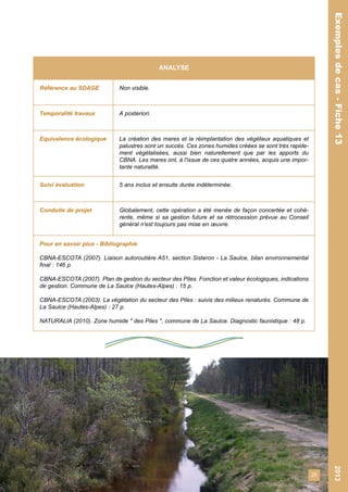 25 
Exemples de cas - Fiche 13 2013 
Exemples de cas - Fiche 13 
ANALYSE 
Référence au SDAGE Non visible. 
Temporalité travaux A posteriori. 
Equivalence écologique La création des mares et la réimplantation des végétaux aquatiques et 
palustres sont un succès. Ces zones humides créées se sont très rapide-ment 
végétalisées, aussi bien naturellement que par les apports du 
CBNA. Les mares ont, à l'issue de ces quatre années, acquis une impor-tante 
naturalité. 
Suivi évaluation 5 ans inclus et ensuite durée indéterminée. 
Conduite de projet Globalement, cette opération a été menée de façon concertée et cohé-rente, 
même si sa gestion future et sa rétrocession prévue au Conseil 
général n'est toujours pas mise en oeuvre. 
Pour en savoir plus - Bibliographie 
CBNA-ESCOTA (2007). Liaison autoroutière A51, section Sisteron - La Saulce, bilan environnemental 
final : 146 p. 
CBNA-ESCOTA (2007). Plan de gestion du secteur des Piles. Fonction et valeur écologiques, indications 
de gestion. Commune de La Saulce (Hautes-Alpes) : 15 p. 
CBNA-ESCOTA (2003). La végétation du secteur des Piles : suivis des milieux renaturés. Commune de 
La Saulce (Hautes-Alpes) : 27 p. 
NATURALIA (2010). Zone humide " des Piles ", commune de La Saulce. Diagnostic faunistique : 48 p. 
 