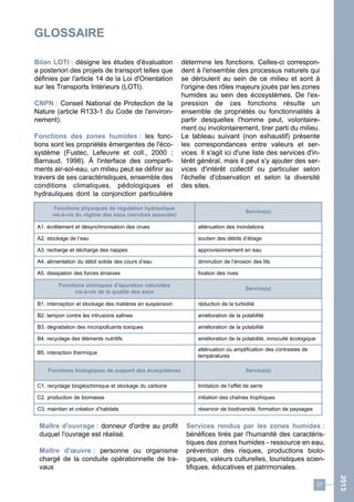 GLOSSAIRE 
37 
Bilan LOTI : désigne les études d'évaluation 
a posteriori des projets de transport telles que 
définies par l'article 14 de la Loi d'Orientation 
sur les Transports Intérieurs (LOTI). 
CNPN : Conseil National de Protection de la 
Nature (article R133-1 du Code de l'environ-nement). 
Fonctions des zones humides : les fonc-tions 
sont les propriétés émergentes de l'éco-système 
(Fustec, Lefeuvre et coll., 2000 ; 
Barnaud, 1998). À l'interface des comparti-ments 
air-sol-eau, un milieu peut se définir au 
travers de ses caractéristiques, ensemble des 
conditions climatiques, pédologiques et 
hydrauliques dont la conjonction particulière 
détermine les fonctions. Celles-ci correspon-dent 
à l'ensemble des processus naturels qui 
se déroulent au sein de ce milieu et sont à 
l'origine des rôles majeurs joués par les zones 
humides au sein des écosystèmes. De l'ex-pression 
de ces fonctions résulte un 
ensemble de propriétés ou fonctionnalités à 
partir desquelles l'homme peut, volontaire-ment 
ou involontairement, tirer parti du milieu. 
Le tableau suivant (non exhaustif) présente 
les correspondances entre valeurs et ser-vices. 
Il s'agit ici d'une liste des services d'in-térêt 
général, mais il peut s'y ajouter des ser-vices 
d'intérêt collectif ou particulier selon 
l'échelle d'observation et selon la diversité 
des sites. 
Fonctions physiques de régulation hydraulique 
vis-à-vis du régime des eaux (services associés) Service(s) 
A1. écrêtement et désynchronisation des crues atténuation des inondations 
A2. stockage de l’eau soutien des débits d’étiage 
A3. recharge et décharge des nappes approvisionnement en eau 
A4. alimentation du débit solide des cours d’eau diminution de l’érosion des lits 
A5. dissipation des forces érosives fixation des rives 
Maître d'ouvrage : donneur d'ordre au profit 
duquel l'ouvrage est réalisé. 
Maître d'oeuvre : personne ou organisme 
chargé de la conduite opérationnelle de tra-vaux 
Services rendus par les zones humides : 
bénéfices tirés par l'humanité des caractéris-tiques 
des zones humides - ressource en eau, 
prévention des risques, productions biolo-giques, 
valeurs culturelles, touristiques scien-tifiques, 
éducatives et patrimoniales. 
Fonctions chimiques d’épuration naturelles 
vis-à-vis de la qualité des eaux Service(s) 
B1. interception et stockage des matières en suspension réduction de la turbidité 
B2. tampon contre les intrusions salines amélioration de la potabilité 
B3. dégradation des micropolluants toxiques amélioration de la potabilité 
B4. recyclage des éléments nutritifs amélioration de la potabilité, innocuité écologique 
B5. interaction thermique atténuation ou amplification des contrastes de 
températures 
Fonctions biologiques de support des écosystèmes Service(s) 
C1. recyclage biogéochimique et stockage du carbone limitation de l’effet de serre 
C2. production de biomasse initiation des chaînes trophiques 
C3. maintien et création d’habitats réservoir de biodiversité, formation de paysages 
2013 
 