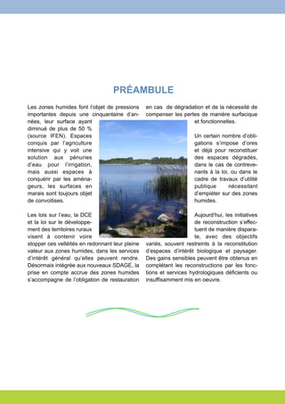 PRÉAMBULE 
Les zones humides font l’objet de pressions 
importantes depuis une cinquantaine d’an-nées, 
leur surface ayant 
diminué de plus de 50 % 
(source IFEN). Espaces 
conquis par l’agriculture 
intensive qui y voit une 
solution aux pénuries 
d’eau pour l’irrigation, 
mais aussi espaces à 
conquérir par les aména-geurs, 
les surfaces en 
marais sont toujours objet 
de convoitises. 
Les lois sur l’eau, la DCE 
et la loi sur le développe-ment 
des territoires ruraux 
visent à contenir voire 
stopper ces velléités en redonnant leur pleine 
valeur aux zones humides, dans les services 
d’intérêt général qu’elles peuvent rendre. 
Désormais intégrée aux nouveaux SDAGE, la 
prise en compte accrue des zones humides 
s’accompagne de l’obligation de restauration 
en cas de dégradation et de la nécessité de 
compenser les pertes de manière surfacique 
et fonctionnelles. 
Un certain nombre d’obli-gations 
s’impose d’ores 
et déjà pour reconstituer 
des espaces dégradés, 
dans le cas de contreve-nants 
à la loi, ou dans le 
cadre de travaux d’utilité 
publique nécessitant 
d’empiéter sur des zones 
humides. 
Aujourd’hui, les initiatives 
de reconstruction s’effec-tuent 
de manière dispara-te, 
avec des objectifs 
variés, souvent restreints à la reconstitution 
d’espaces d’intérêt biologique et paysager. 
Des gains sensibles peuvent être obtenus en 
complétant les reconstructions par les fonc-tions 
et services hydrologiques déficients ou 
insuffisamment mis en oeuvre. 
 