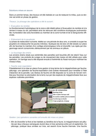 63 
2013 
Solutions mises en oeuvre 
Dans un premier temps, des travaux ont été réalisés en vue de restaurer le milieu, puis ce der-nier 
est entré en phase de gestion. 
Travaux. Le phasage des opérations a été le suivant : 
• Évacuation du remblai 
Le fonctionnement hydrologique de la zone a été rétabli grâce à l'évacuation du remblai et à la 
remise à niveau du sol, permettant ainsi de retrouver des conditions écologiques (submersibi-lité, 
humectation des sols) favorables au maintien de la zone humide et de la Sanguisorbe offi-cinale. 
• Enlèvement de la peupleraie 
La phase de restauration suivante, étalée sur une période de deux ans, a consisté à couper les 
peupliers et à dessoucher les jeunes individus. Quelques tas de bois ont été laissés sur place 
afin de favoriser le maintien d'un cortège entomologique riche et diversifié. Les rejets par dra-geonnage 
seront consommés ultérieurement par les animaux en pâture. 
• Le bouchage des drains 
Les anciens drains situés aux extrémités des parcelles sont bouchés afin de retenir l'eau sur 
les parcelles. Les produits de curage ou de creusement des mares ont été utilisés pour cette 
opération. Un barrage seuil a été disposé ensuite à l'extrémité du fossé nord pour maîtriser les 
niveaux d'eau. 
• Fauche avec exportation 
Préalablement à la mise en place d'une gestion à long terme de la mégaphorbiaie par fauche-pâturage, 
une opération de fauche-exportation s'est avérée nécessaire pour remédier à l'état 
d'abandon de la parcelle. Les résidus de fauche ont été disposés sur la zone de l'ancien rem-blai 
pour favoriser la colonisation de la terre nue par des espèces de mégaphorbiaies face aux 
espèces rudérales pionnières. 
Gestion. Les opérations suivantes ont ensuite été mises en place : 
• Afin de diversifier la flore et les habitats au bénéfice de la faune, la mégaphorbiaire est pâtu-rée 
par deux chevaux camarguais durant deux à trois semaines entre juin et septembre. Ce 
pâturage, pratiqué deux années sur trois, est assorti d'une fauche triennale. Une fauche 
Annexes 
 