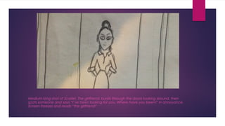 Medium long shot of Scarlet, The girlfriend, bursts through the doors looking around, then 
spots someone and says “I’ve been looking for you. Where have you been!” in annoyance. 
Screen freezes and reads “the girlfriend” 
 