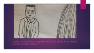 Over the shoulder Medium long shot of Oscar, every parents dream, looking 
shocked and fidgety, looks down. 
 