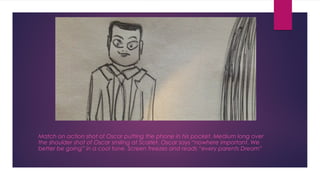 Match on action shot of Oscar putting the phone in his pocket. Medium long over 
the shoulder shot of Oscar smiling at Scarlet. Oscar says “nowhere important. We 
better be going” in a cool tone. Screen freezes and reads “every parents Dream” 
 