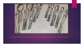 Long shot of all 10 characters from both schools, facing each other in rivalry. 
