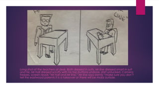 Long shot of the teachers at desk. Both dressed in suits, Mr line dressed smart in suit 
and tie, Mr hall dressed scruffy with his top buttons undone, shirt untucked. Camera 
freezes, screen reads “Mr hall and Mr line.” Mr line says sternly “make sure you don’t 
tell the eastwood parents it is a takeover or there will be mobs outside. 
 