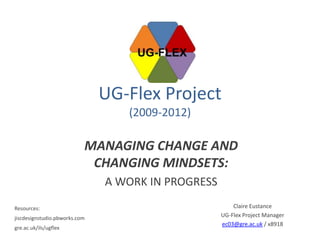 UG-Flex Project
                                  (2009-2012)

                           MANAGING CHANGE AND
                            CHANGING MINDSETS:
                               A WORK IN PROGRESS
Resources:                                              Claire Eustance
jiscdesignstudio.pbworks.com
                                                    UG-Flex Project Manager
                                                    ec03@gre.ac.uk / x8918
gre.ac.uk/ils/ugflex
 