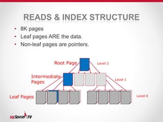 READS & INDEX STRUCTURE 
• 8K pages 
• Leaf pages ARE the data. 
• Non-leaf pages are pointers. 
Leaf Pages 
Root Page 
Le...