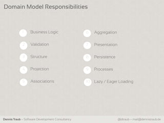 Domain Model Responsibilities



             1    Business Logic                  6   Aggregation

             2    Validation                      7   Presentation

             3    Structure                       8   Persistence

             4    Projection                      9   Processes

             5    Associations                    10 Lazy / Eager Loading




Dennis Traub – Software Development Consultancy                      @dtraub – mail@dennistraub.de
 