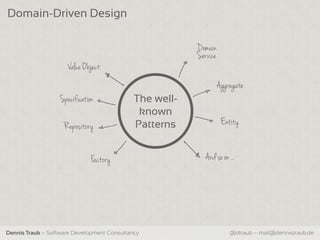 Domain-Driven Design

                                                         Domain
                                                         Service
                      Value Object
                                                                   Aggregate
                   Specification             The well-
                                              known
                    Reposit ory              Patterns               Entity


                               Factory                      And so on . .




Dennis Traub – Software Development Consultancy                        @dtraub – mail@dennistraub.de
 