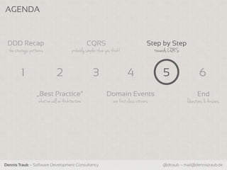 AGENDA



 DDD Recap                                          CQRS                                    Step by Step
  the strategic patterns                  probably simpler than you think!                      towards CQRS


          1                     2                      3                      4                     5                6
                   „Best Practice“                              Domain Events                                       End
                     what we call an Architecture                    are first class citizens                  Questions & Answers




Dennis Traub – Software Development Consultancy                                                     @dtraub – mail@dennistraub.de
 