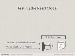 Testing the Read Model




                                                  Thin Read Layer

      Given that certain Events happened
                                                                Table
                                                                 per
      When a specific Event happens                             Query



Dennis Traub – Software Development Consultancy          @dtraub – mail@dennistraub.de
 