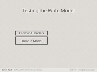 Testing the Write Model



                    Command Handlers


                     Domain Model




Dennis Traub – Software Development Consultancy   @dtraub – mail@dennistraub.de
 