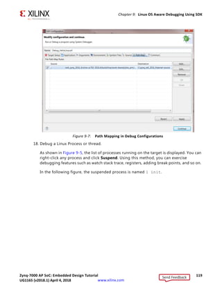 Zynq-7000 AP SoC: Embedded Design Tutorial 118
UG1165 (v2017.3) November 23, 2017 www.xilinx.com
Chapter 9: Linux OS Aware Debugging Using SDK
17. Set up the Path Map.
a. Click the Path Map tab.
b. Click Add.
c. The source path for the kernel is the compilation directory path from the Linux
machine as shown in the previous figure. For example, linux_OS/
petalinux-project/build/tmp/work-shared/plnx_arm/kernel-source
The destination path is the host location where you copied kernel in the earlier step.
For example, local directory/kernel-source
X-Ref Target - Figure 9-6
Figure 9-6: Path Mapping Rule Configuration
Send Feedback
UG1165 (v2018.1) April 4, 2018
 