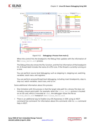 Zynq-7000 AP SoC: Embedded Design Tutorial 121
UG1165 (v2017.3) November 23, 2017 www.xilinx.com
Chapter 9: Linux OS Aware Debugging Using SDK
4. In the Debug view, right-click on linux_hello Debug (Local) and select Relaunch.
5. In the SDK debugger, do the following:
a. Observe the running application as one of the processes/threads in kernel.
b. Right-click on the linux_hello.elf thread and suspend application.
c. Add a breakpoint.
These actions are shown in the following figure.
X-Ref Target - Figure 9-10
Figure 9-10: Path Mapping Information in Debug Configurations
Send Feedback
UG1165 (v2018.1) April 4, 2018
 