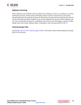 Zynq-7000 AP SoC: Embedded Design Tutorial 13
UG1165 (v2017.3) November 23, 2017 www.xilinx.com
Chapter 1: Introduction
Software Licensing
Xilinx software uses FLEXnet licensing. When the software is first run, it performs a license
verification process. If the license verification does not find a valid license, the license
wizard guides you through the process of obtaining a license and ensuring that the license
can be used with the tools installed. If you do not need the full version of the software, you
can use an evaluation license.For installation instructions and information, see the Vivado
Design Suite User Guide: Release Notes, Installation, and Licensing (UG973) [Ref 7].
Tutorial Design Files
See Design Files for This Tutorial, page 124 for information about downloading the design
files for this tutorial.
Send Feedback
UG1165 (v2018.1) April 4, 2018
 