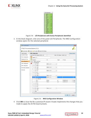 Zynq-7000 AP SoC: Embedded Design Tutorial 19
UG1165 (v2017.3) November 23, 2017 www.xilinx.com
Chapter 2: Using the Zynq SoC Processing System
3. In the block diagram, click one of the green I/O Peripherals. The MIO Configuration
window opens for the selected peripheral.
4. Click OK to close the Re-customize IP wizard. Vivado implements the changes that you
made to apply the ZC702 board presets.
X-Ref Target - Figure 2-4
Figure 2-4: I/O Peripherals with Active Peripherals Identified
X-Ref Target - Figure 2-5
Figure 2-5: MIO Configuration Window
Send Feedback
UG1165 (v2018.1) April 4, 2018
 