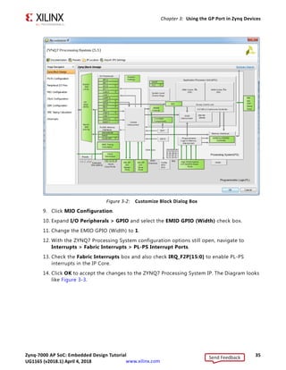 Zynq-7000 AP SoC: Embedded Design Tutorial 35
UG1165 (v2017.3) November 23, 2017 www.xilinx.com
Chapter 3: Using the GP Port in Zynq Devices
9. Click MIO Configuration.
10. Expand I/O Peripherals > GPIO and select the EMIO GPIO (Width) check box.
11. Change the EMIO GPIO (Width) to 1.
12. With the ZYNQ7 Processing System configuration options still open, navigate to
Interrupts > Fabric Interrupts > PL-PS Interrupt Ports.
13. Check the Fabric Interrupts box and also check IRQ_F2P[15:0] to enable PL-PS
interrupts in the IP Core.
14. Click OK to accept the changes to the ZYNQ7 Processing System IP. The Diagram looks
like Figure 3-3.
X-Ref Target - Figure 3-2
Figure 3-2: Customize Block Dialog Box
Send Feedback
UG1165 (v2018.1) April 4, 2018
 