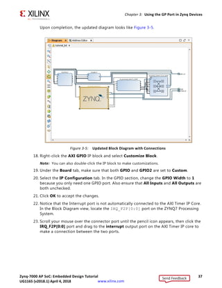 Zynq-7000 AP SoC: Embedded Design Tutorial 37
UG1165 (v2017.3) November 23, 2017 www.xilinx.com
Chapter 3: Using the GP Port in Zynq Devices
Upon completion, the updated diagram looks like Figure 3-5.
18. Right-click the AXI GPIO IP block and select Customize Block.
Note: You can also double-click the IP block to make customizations.
19. Under the Board tab, make sure that both GPIO and GPIO2 are set to Custom.
20. Select the IP Configuration tab. In the GPIO section, change the GPIO Width to 1
because you only need one GPIO port. Also ensure that All Inputs and All Outputs are
both unchecked.
21. Click OK to accept the changes.
22. Notice that the Interrupt port is not automatically connected to the AXI Timer IP Core.
In the Block Diagram view, locate the IRQ_F2P[0:0] port on the ZYNQ7 Processing
System.
23. Scroll your mouse over the connector port until the pencil icon appears, then click the
IRQ_F2P[0:0] port and drag to the interrupt output port on the AXI Timer IP core to
make a connection between the two ports.
X-Ref Target - Figure 3-5
Figure 3-5: Updated Block Diagram with Connections
Send Feedback
UG1165 (v2018.1) April 4, 2018
 