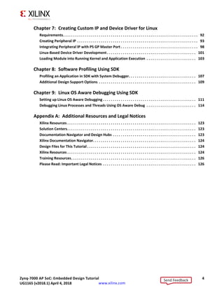 Zynq-7000 AP SoC: Embedded Design Tutorial 4
UG1165 (v2017.3) November 23, 2017 www.xilinx.com
Chapter 7: Creating Custom IP and Device Driver for Linux
Requirements. . . . . . . . . . . . . . . . . . . . . . . . . . . . . . . . . . . . . . . . . . . . . . . . . . . . . . . . . . . . . . . . . . . . 92
Creating Peripheral IP . . . . . . . . . . . . . . . . . . . . . . . . . . . . . . . . . . . . . . . . . . . . . . . . . . . . . . . . . . . . . 93
Integrating Peripheral IP with PS GP Master Port . . . . . . . . . . . . . . . . . . . . . . . . . . . . . . . . . . . . . . . 98
Linux-Based Device Driver Development . . . . . . . . . . . . . . . . . . . . . . . . . . . . . . . . . . . . . . . . . . . . . 101
Loading Module into Running Kernel and Application Execution . . . . . . . . . . . . . . . . . . . . . . . . . 103
Chapter 8: Software Profiling Using SDK
Profiling an Application in SDK with System Debugger. . . . . . . . . . . . . . . . . . . . . . . . . . . . . . . . . . 107
Additional Design Support Options . . . . . . . . . . . . . . . . . . . . . . . . . . . . . . . . . . . . . . . . . . . . . . . . . 109
Chapter 9: Linux OS Aware Debugging Using SDK
Setting up Linux OS Aware Debugging . . . . . . . . . . . . . . . . . . . . . . . . . . . . . . . . . . . . . . . . . . . . . . . 111
Debugging Linux Processes and Threads Using OS Aware Debug . . . . . . . . . . . . . . . . . . . . . . . . . 114
Appendix A: Additional Resources and Legal Notices
Xilinx Resources . . . . . . . . . . . . . . . . . . . . . . . . . . . . . . . . . . . . . . . . . . . . . . . . . . . . . . . . . . . . . . . . . 123
Solution Centers. . . . . . . . . . . . . . . . . . . . . . . . . . . . . . . . . . . . . . . . . . . . . . . . . . . . . . . . . . . . . . . . . 123
Documentation Navigator and Design Hubs . . . . . . . . . . . . . . . . . . . . . . . . . . . . . . . . . . . . . . . . . . 123
Xilinx Documentation Navigator. . . . . . . . . . . . . . . . . . . . . . . . . . . . . . . . . . . . . . . . . . . . . . . . . . . . 124
Design Files for This Tutorial . . . . . . . . . . . . . . . . . . . . . . . . . . . . . . . . . . . . . . . . . . . . . . . . . . . . . . . 124
Xilinx Resources . . . . . . . . . . . . . . . . . . . . . . . . . . . . . . . . . . . . . . . . . . . . . . . . . . . . . . . . . . . . . . . . . 124
Training Resources. . . . . . . . . . . . . . . . . . . . . . . . . . . . . . . . . . . . . . . . . . . . . . . . . . . . . . . . . . . . . . . 126
Please Read: Important Legal Notices . . . . . . . . . . . . . . . . . . . . . . . . . . . . . . . . . . . . . . . . . . . . . . . 126
Send Feedback
UG1165 (v2018.1) April 4, 2018
 