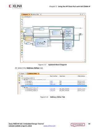 Zynq-7000 AP SoC: Embedded Design Tutorial 54
UG1165 (v2017.3) November 23, 2017 www.xilinx.com
Chapter 5: Using the HP Slave Port with AXI CDMA IP
20. Select the Address Editor tab.
X-Ref Target - Figure 5-2
Figure 5-2: Updated Block Diagram
X-Ref Target - Figure 5-3
Figure 5-3: Address Editor Tab
Send Feedback
UG1165 (v2018.1) April 4, 2018
 