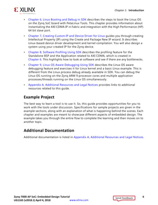 Zynq-7000 AP SoC: Embedded Design Tutorial 6
UG1165 (v2017.3) November 23, 2017 www.xilinx.com
Chapter 1: Introduction
• Chapter 6, Linux Booting and Debug in SDK describes the steps to boot the Linux OS
on the Zynq SoC board with PetaLinux Tools. This chapter provides information about
instantiating the AXI CDMA IP in Fabric and integration with the High Performance (HP)
64 bit slave port.
• Chapter 7, Creating Custom IP and Device Driver for Linux guides you through creating
Intellectual Property (IP) using the Create and Package New IP wizard. It describes
Linux-based device driver development and kernel compilation. You will also design a
system using your created IP for the Zynq device.
• Chapter 8, Software Profiling Using SDK describes the profiling feature for the
Standalone BSP and the Application related to AXI CDMA, which is created in
Chapter 6. This highlights how to look at software and see if there are any bottlenecks.
• Chapter 9, Linux OS Aware Debugging Using SDK describes the Linux OS aware
debugging feature and exercises it for Linux kernel and a basic Linux example. This is
different from the Linux process debug already available in SDK. You can debug the
Linux OS running on the Zynq ARM 9 processor cores and multiple application
processes/threads running on the Linux OS simultaneously.
• Appendix A, Additional Resources and Legal Notices provides links to additional
resources related to this guide.
Example Project
The best way to learn a tool is to use it. So, this guide provides opportunities for you to
work with the tools under discussion. Specifications for sample projects are given in the
example sections, along with an explanation of what is happening behind the scenes. Each
chapter and examples are meant to showcase different aspects of embedded design. The
example takes you through the entire flow to complete the learning and then moves on to
another topic.
Additional Documentation
Additional documentation is listed in Appendix A, Additional Resources and Legal Notices.
Send Feedback
UG1165 (v2018.1) April 4, 2018
 