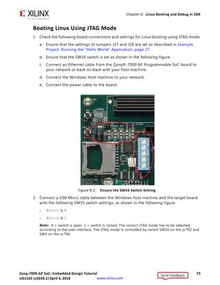 Zynq-7000 AP SoC: Embedded Design Tutorial 72
UG1165 (v2017.3) November 23, 2017 www.xilinx.com
Chapter 6: Linux Booting and Debug in SDK
Preparing the PetaLinux Build for Debugging
To debug Linux applications (using tcf-agent), you must manually enable tcf-agent in
PetaLinux RootFS.
Ensure that dropbear-openssh-sftp server is disabled in PetaLinux RootFS.
Note: System Debugger from Xilinx SDK supports Linux Application Debug using tcf-agent (TCF -
Target Communication Framework). TCF agent is provided as a part of PetaLinux roofts packages, but
needs to be enabled when required.
Detailed information on enabling these components in the PetaLinux Tools Documentation:
Reference Guide (UG1144) [Ref 11], section “Debugging Zynq Applications with TCF Agent.”
Send Feedback
UG1165 (v2018.1) April 4, 2018
 