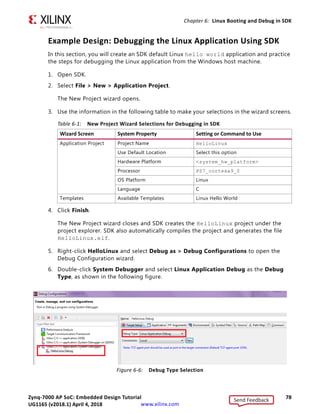 Zynq-7000 AP SoC: Embedded Design Tutorial 77
UG1165 (v2017.3) November 23, 2017 www.xilinx.com
Chapter 6: Linux Booting and Debug in SDK
c. Click OK to accept the values and close the window.
14. In the Windows machine command prompt, check the connection with the board by
typing ping followed by the board IP address. The ping response displays in a loop.
This response means that the connection between the Windows host machine and the
target board is established.
15. Press Ctrl+C to stop displaying the ping response on windows host machine command
prompt.
Linux booting completes on the target board and the connection between the host
machine and the target board is complete. The next Example Design describes using
SDK to debug the Linux application.
X-Ref Target - Figure 6-5
Figure 6-5: IP Address Settings
Send Feedback
UG1165 (v2018.1) April 4, 2018
 
