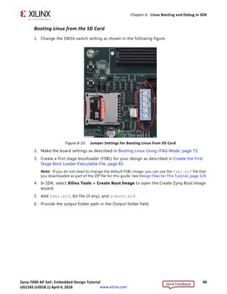 Zynq-7000 AP SoC: Embedded Design Tutorial 89
UG1165 (v2017.3) November 23, 2017 www.xilinx.com
Chapter 6: Linux Booting and Debug in SDK
Booting Linux from QSPI Flash
1. After you program the QSPI Flash, set the SW16 switch on your board as shown in the
following figure.
2. Connect the Serial terminal using an 115200 baud rate setting.
Note: This is the baud rate that the UART is programmed to on Zynq devices.
3. Switch on the board power.
A Linux booting message appears on the serial terminal. After booting finishes, the
root@plnx_arm:~# prompt appears.
4. Check the Board IP address connectivity as described in Booting Linux Using JTAG
Mode, page 73.
For Linux Application creation and debugging, refer to Example Design: Debugging the
Linux Application Using SDK, page 78.
X-Ref Target - Figure 6-14
Figure 6-14: Jumper Settings for Booting Linux from QSPI Flash
Send Feedback
UG1165 (v2018.1) April 4, 2018
 