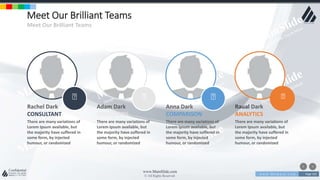 w w w . D o m a i n . c o m Page 103
www.MainSlide.com
© All Rights Reserved.
Confidential
Meet Our Brilliant Teams
Meet Our Brilliant Teams
Rachel Dark
CONSULTANT
There are many variations of
Lorem Ipsum available, but
the majority have suffered in
some form, by injected
humour, or randomized
Adam Dark
STRAGEGIES
There are many variations of
Lorem Ipsum available, but
the majority have suffered in
some form, by injected
humour, or randomized
Anna Dark
COMPARISON
There are many variations of
Lorem Ipsum available, but
the majority have suffered in
some form, by injected
humour, or randomized
Raual Dark
ANALYTICS
There are many variations of
Lorem Ipsum available, but
the majority have suffered in
some form, by injected
humour, or randomized
 