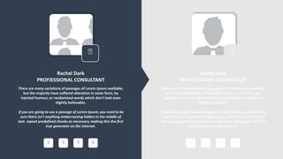 w w w . D o m a i n . c o m Page 105
www.MainSlide.com
© All Rights Reserved.
Confidential
Rachel Dark
PROFIESSIONAL CONSULTANT
There are many variations of passages of Lorem Ipsum available,
but the majority have suffered alteration in some form, by
injected humour, or randomized words which don't look even
slightly believable.
If you are going to use a passage of Lorem Ipsum, you need to be
sure there isn't anything embarrassing hidden in the middle of
text. repeat predefined chunks as necessary, making this the first
true generator on the Internet.
Adam Dark
PROFIESSIONAL CONSULTANT
There are many variations of passages of Lorem Ipsum available,
but the majority have suffered alteration in some form, by
injected humour, or randomized words which don't look even
slightly believable.
If you are going to use a passage of Lorem Ipsum, you need to be
sure there isn't anything embarrassing hidden in the middle of
text. repeat predefined chunks as necessary, making this the first
true generator on the Internet.
 