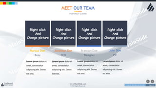 w w w . D o m a i n . c o m Page 111
www.MainSlide.com
© All Rights Reserved.
Confidential
Marcus Doe Jonathan Doe Brandon Doe John Doe
Lorem ipsum dolor sit
amet, consectetur
adipiscing elit. Donec
est eros.
Lorem ipsum dolor sit
amet, consectetur
adipiscing elit. Donec
est eros.
Lorem ipsum dolor sit
amet, consectetur
adipiscing elit. Donec
est eros.
Lorem ipsum dolor sit
amet, consectetur
adipiscing elit. Donec
est eros.
Boss CEO Designer PR
MEET OUR TEAM
Insert Your Subtitle
 