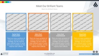 w w w . D o m a i n . c o m Page 116
www.MainSlide.com
© All Rights Reserved.
Confidential
Meet Our Brilliant Teams
Meet Our Brilliant Teams
Rachel Dark
CONSULTANT
There are many variations of
Lorem in some form Ipsum
available, but the majority
have suffered Lorem in some
form Ipsum available, but the
majority have suffered
Adam Dark
STRAGEGIES
There are many variations of
Lorem in some form Ipsum
available, but the majority
have suffered Lorem in some
form Ipsum available, but the
majority have suffered
Anna Dark
COMPARISON
There are many variations of
Lorem in some form Ipsum
available, but the majority
have suffered Lorem in some
form Ipsum available, but the
majority have suffered
Raual Dark
ANALYTICS
There are many variations of
Lorem in some form Ipsum
available, but the majority
have suffered Lorem in some
form Ipsum available, but the
majority have suffered
 