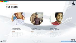 w w w . D o m a i n . c o m Page 120
www.MainSlide.com
© All Rights Reserved.
Confidential
our team
ABOUT OUR COMPANY
Hector Lucida
Graphic Designer
Vestibulum id ligula porta
felis euismod semper.
Vivamus sagittis lacus vel
augue laoreet rutrum
faucibus dolor
Vanili Asin
Graphic Designer
Vestibulum id ligula porta
felis euismod semper.
Vivamus sagittis lacus vel
augue laoreet rutrum
faucibus dolor
Etika Sayur
Graphic Designer
Vestibulum id ligula porta
felis euismod semper.
Vivamus sagittis lacus vel
augue laoreet rutrum
faucibus dolor
 