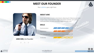 w w w . D o m a i n . c o m Page 122
www.MainSlide.com
© All Rights Reserved.
Confidential
MEET OUR FOUNDER
Your subtitles goes right here
JANE DOE, Co-Founder
SKILLS
ABOUT JANE
Lorem ipsum dolor sit amet, consectetuer adipiscing elit. Maecenas porttitor
congue massa. Fusce posuere, magna sed pulvinar ultricies, purus lectus
malesuada libero, sit amet commodo magna eros quis urna.
Communication
Negotiation
Time Management
Leadership
 