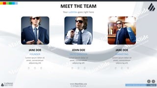 w w w . D o m a i n . c o m Page 123
www.MainSlide.com
© All Rights Reserved.
Confidential
MEET THE TEAM
Your subtitles goes right here
Lorem ipsum dolor sit
amet, consectetuer
adipiscing elit
FOUNDER
JANE DOE
Lorem ipsum dolor sit
amet, consectetuer
adipiscing elit
SALES DIRECTOR
JOHN DOE
Lorem ipsum dolor sit
amet, consectetuer
adipiscing elit
MARKETING
JANE DOE
 