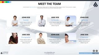 w w w . D o m a i n . c o m Page 124
www.MainSlide.com
© All Rights Reserved.
Confidential
MEET THE TEAM
Lorem ipsum dolor sit amet, consectetuer adipiscing elit. Maecenas porttitor congue massa. Fusce posuere, magna
sed pulvinar ultricies, purus lectus malesuada libero.
Lorem ipsum dolor sit
amet, consectetuer
adipiscing elit
Founder
JOHN DOE
Lorem ipsum dolor sit
amet, consectetuer
adipiscing elit
Co-founder
JANE DOE
Lorem ipsum dolor sit
amet, consectetuer
adipiscing elit
Marketing
JOHN DOE
Lorem ipsum dolor sit
amet, consectetuer
adipiscing elit
Photographer
JANE DOE
Lorem ipsum dolor sit
amet, consectetuer
adipiscing elit
Web Designer
JOHN DOE
Lorem ipsum dolor sit
amet, consectetuer
adipiscing elit
IT Specialist
JANE DOE
 