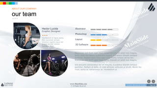 w w w . D o m a i n . c o m Page 138
www.MainSlide.com
© All Rights Reserved.
Confidential
our team
ABOUT OUR COMPANY
Hector Lucida
Graphic Designer
Vestibulum id ligula porta
felis euismod semper.
Vivamus sagittis lacus vel
augue laoreet rutrum
faucibus dolor
Maecenas sed diam eget risus varius blandit sit amet non magna.
Nulla vitae elit libero, a pharetra augue. Curabitur blandit tempus
porttitor. Nullam quis risus eget urna mollis ornare vel eu leo.
Maecenas sed diam eget risus varius blandit sit amet non magna.
Sed posuere consectetur est at lobortis. Curabitur blandit tempus
porttitor. Nullam id dolor id nibh ultricies vehicula ut id elit. Morbi leo
risus, porta ac consectetur ac, vestibulum at
illustrator
Photoshop
Layout
3D Software
 